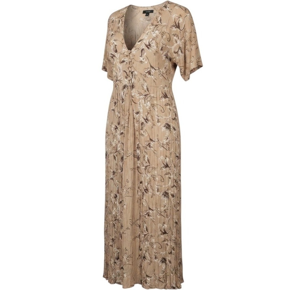Lola P Maxi Dress Womens S Tan Floral Broomstick Pleated Layered Prairie Cottage